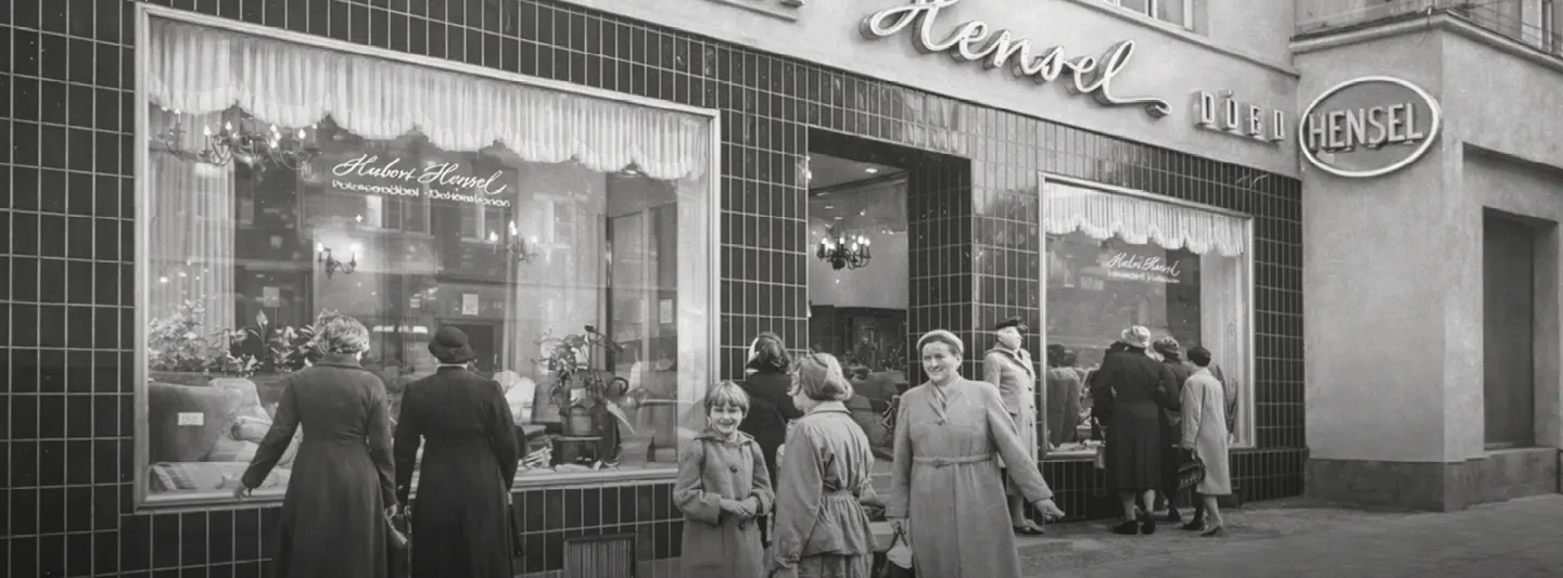 Schwarzweißaufnahme eines Möbelgeschäfts mit Schriftzug Polstermöbel Hensel, Passanten stehen vor großen Schaufenstern